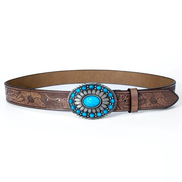 Turquoise Stone Embossed Brown Leather Western Belt With Silver Metal BuckleNew - Picture 6 of 15